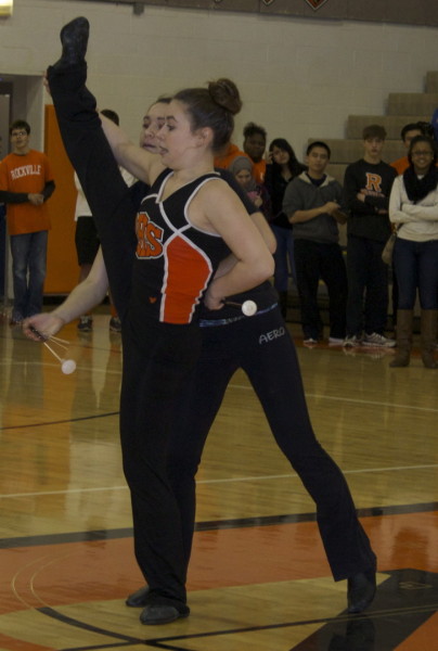 Junior Mia Krawczel and Sophomore Jillian Krawczel perform an exciting baton routine at the pep rally. 