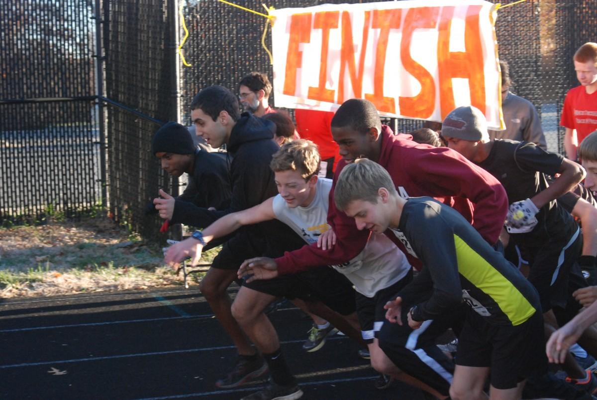 Students at the starting point lunge forward to begin the RamPace 5k 2012. Winner Billy Kirk pushes through the other runners to start off as the leader in the race.