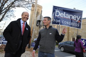 John Delaney, left, who is running for Maryland's 6th Congressional District, talks with Jim Racheff while campaigning at the William Talley Recreation Center in Frederick, Maryland on Tuesday, November 6, 2012. (Lloyd Fox/Baltimore Sun/MCT) --Courtesy of MCT Campus