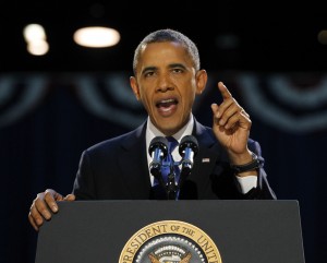 President Barack Obama speaks to supporters at his election-night headquarters as he celebrates his re-election on Wednesday, November 7, 2012, in Chicago, Illinois. (Brian Cassella/Chicago Tribune/MCT) --Courtesy of MCT Campus