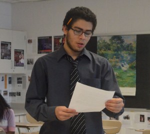 Senior debater Kevin Monami practices his oral speech in preparation for the next debate about the rise of China affecting the U.S. Members of the debate team meet every Wednesday to discuss topics they must argue in their upcoming debates. --Adam Bensimhon