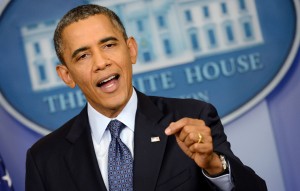 President Barack Obama speaks at a news conference following a talk with House Speaker John Boehner in the briefing room of the White House, October 8, 2013  in Washington, D.C.