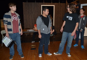 Junior Martin Mitchell, sophomore Jonathan Garcia and freshman Sean Berry run lines during rehearsal for the upcoming RHS production of The Crucible. Junior Martin Mitchell, sophomore Jonathan Garcia and freshman Sean Berry run lines during rehearsal for the upcoming RHS production of The Crucible. --Mercy Fosah