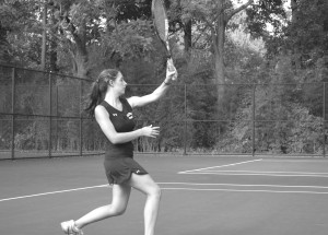 Senior Vicky Ganev follows through after hitting a ball during a home match against Quince Orchard Oct 17. Ganev along with the rest of the Lady Rams finish their season at 5-7 and begin to prepare for an exciting county tournament.