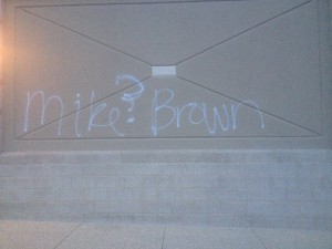Graffiti referring to Ferguson marks the streets of Rockville. The wall of Safeway on Bauer Drive memorializes Brown's name. --Emily Shpiece