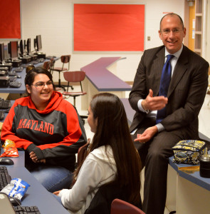 Senior ACES students Deanna Dubbaneh (left) and Camila Madeo (right) work with Superintendent Dr. Joshua Starr during his visit to RHS Nov. 13. --Meklit Bekele