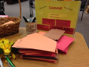 In the IMC the stack of bricks is immediately on a table when you enter. This encourages more students to write their goals down.