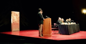 BCC Students ask panelists (from left to right) David Clark, Courtney Radsch, Sebastian Rotella, Delphine Halgand, and Jay Solomon questions at the Roundhouse Theatre. --Hannah Scanlon