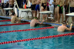 Junior Griffin Alaniz left and senior Konrad Swartz right prepare to race in the 100-yard backstroke against Kennedy HS Jan. 23. --Elissa Britt