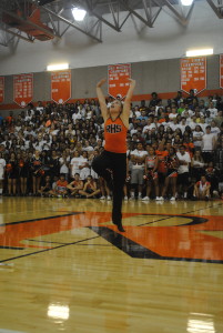 Junior Mia Krawczel displays her baton twirling abilities.