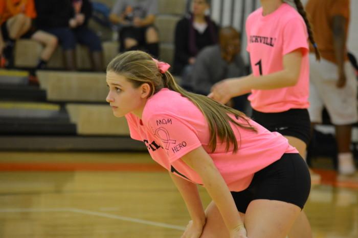 Senior captain Valerie Jones prepares for the ball to be served.