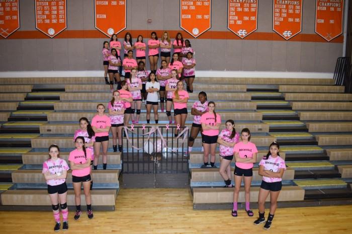Members of varsity and JV volleyball pose before the Dig Pink game. 