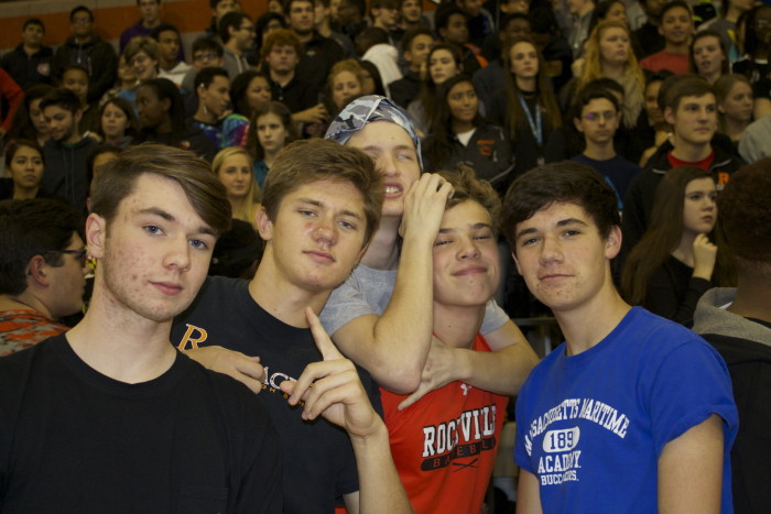 Seniors James Morey, Alexander Nagy, Hunter Kline, Sam Chisolm and Jack Hegarty pose at the pep rally. 